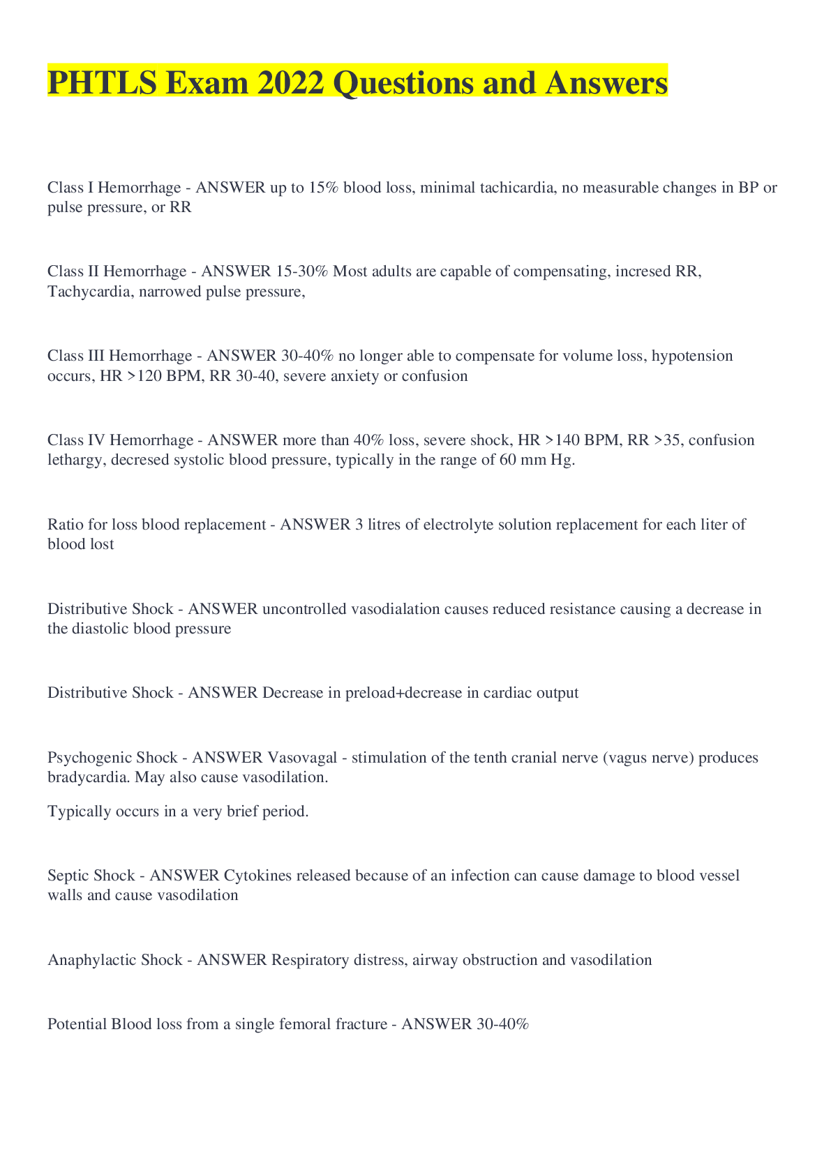 PHTLS Post Test 9th QUESTIONS WITH COMPLETE SOLUTIONS
